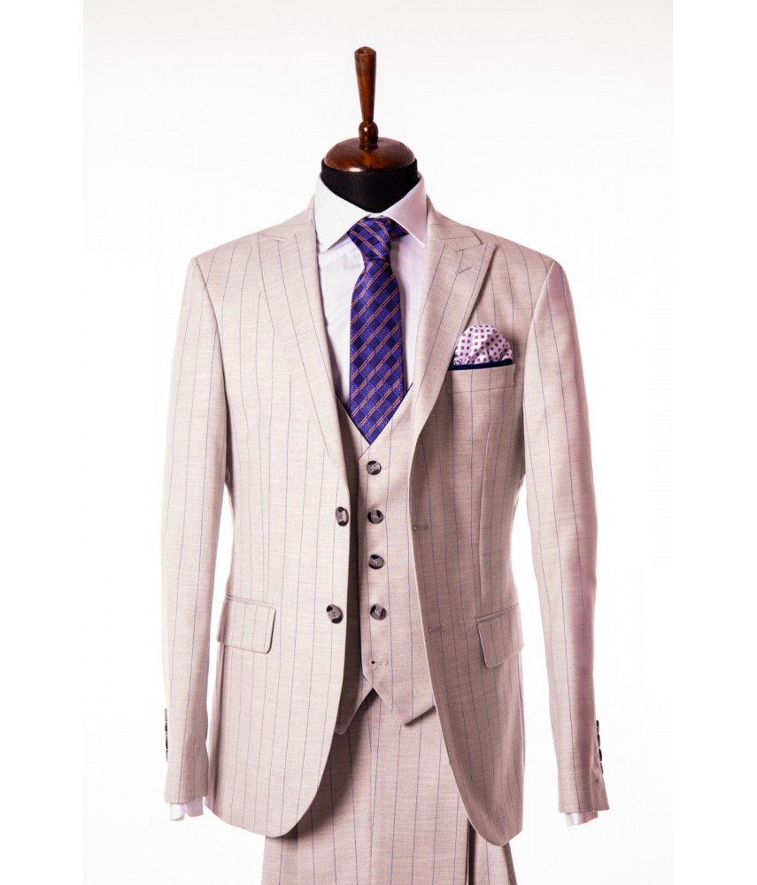 Costum Barbati Bej Cu Dungi Albastre